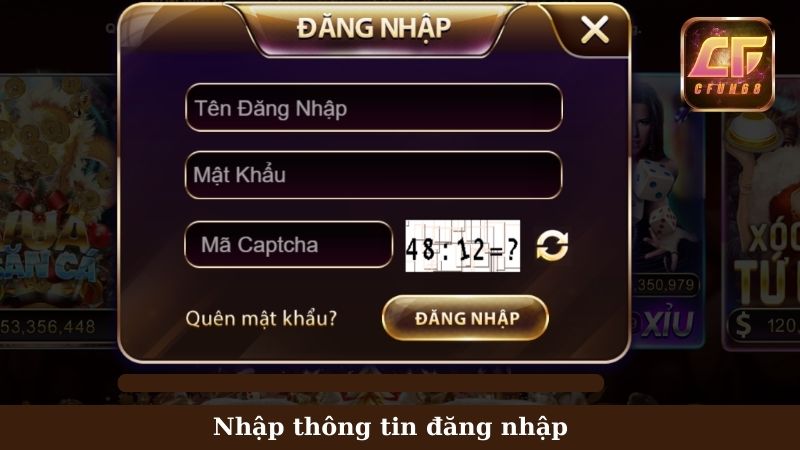 Điền thông tin đăng nhập Cfun68